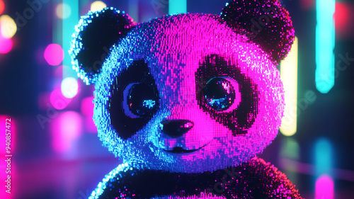 3d pixel art of panda doll in neon light photo