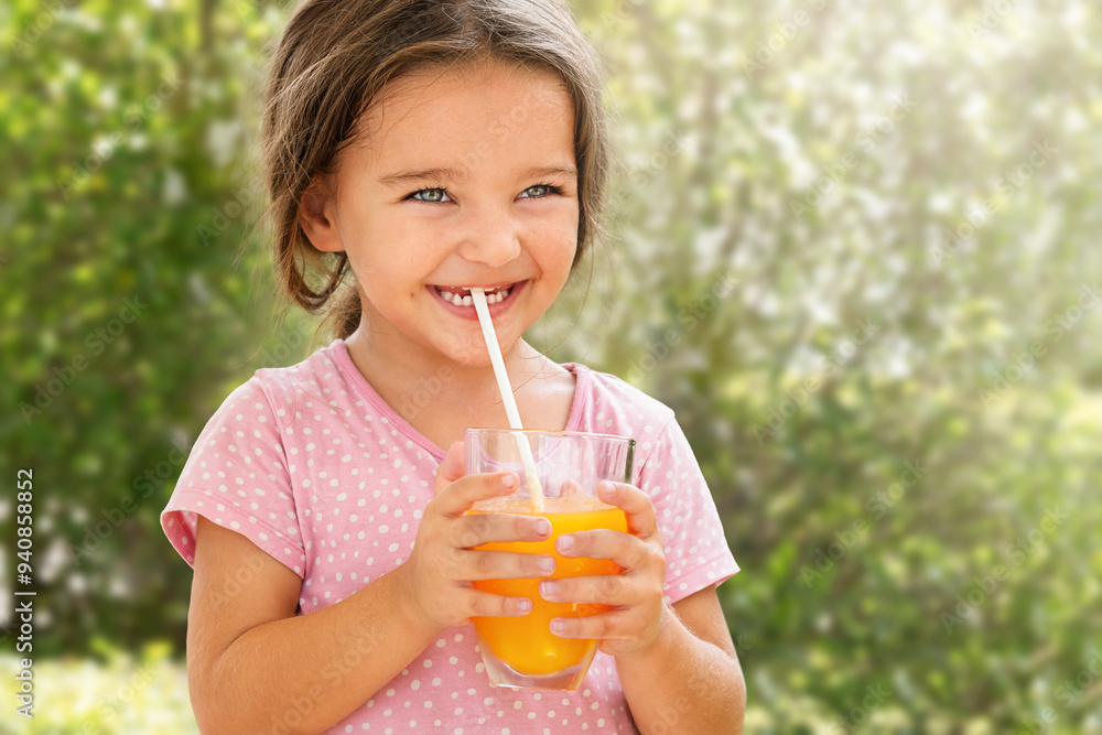 Happy child holding glass with juice Happy child holding glass with juice