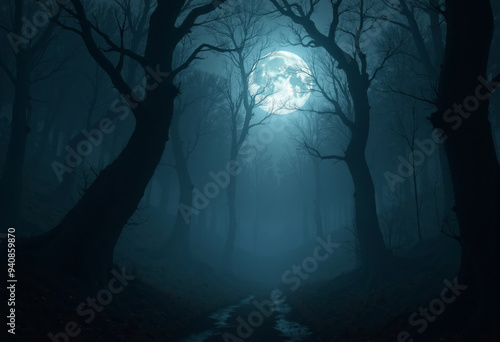 Spooky Night Forest with Full Moon and Dark Shadows