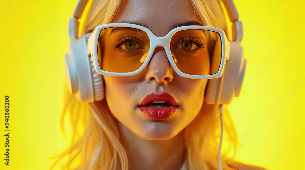 woman portrait with headphones and eyeglasses , yellow background woman portrait with headphones and eyeglasses , yellow background