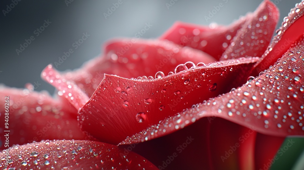 A close-up of a red rose with water drops on its petals, each petal adorned with water droplets A close-up of a red rose with water drops on its petals, each petal adorned with water droplets