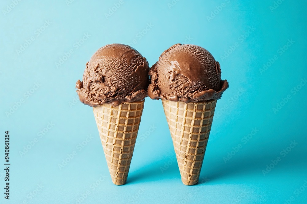 Two scoops of Chocolate ice cream on top ice cream cone blue background isolated. Generative Ai Two scoops of Chocolate ice cream on top ice cream cone blue background isolated. Generative Ai