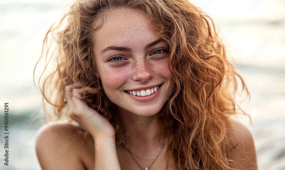 Smiling Young Woman on the Beach During Golden Hour: Close-Up with Long Curly Hair, Tanned Skin, and Freckles Smiling Young Woman on the Beach During Golden Hour: Close-Up with Long Curly Hair, Tanned Skin, and Freckles
