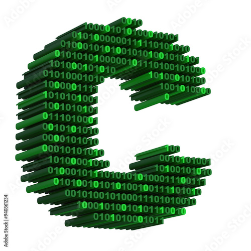  3D isometric letter C font made from binary code digits on transparent background PNG