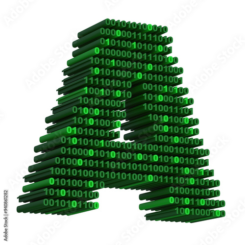  3D isometric letter A font made from binary code digits on transparent background PNG