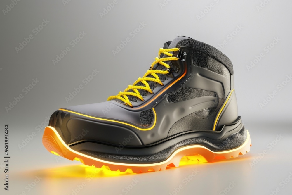 A pair of black and yellow shoes with yellow laces, perfect for casual wear or outdoor activities A pair of black and yellow shoes with yellow laces, perfect for casual wear or outdoor activities