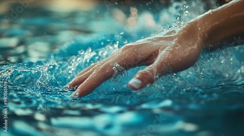 A close-up of a swimmer's hand entering the water, showcasing the technique and form, with a soft color backdrop