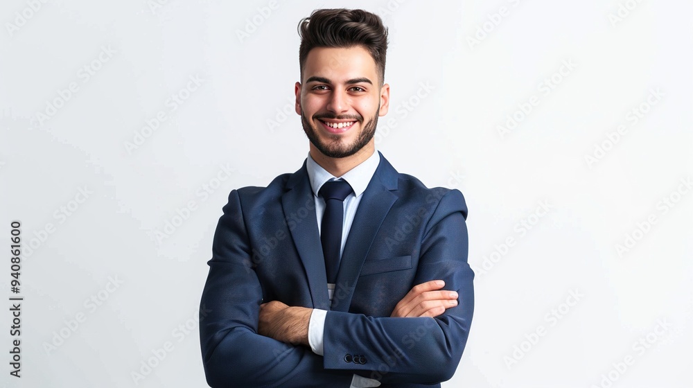 Portrait of young business man smiling and standing posing arms crossed, isolated on white background Portrait of young business man smiling and standing posing arms crossed, isolated on white background