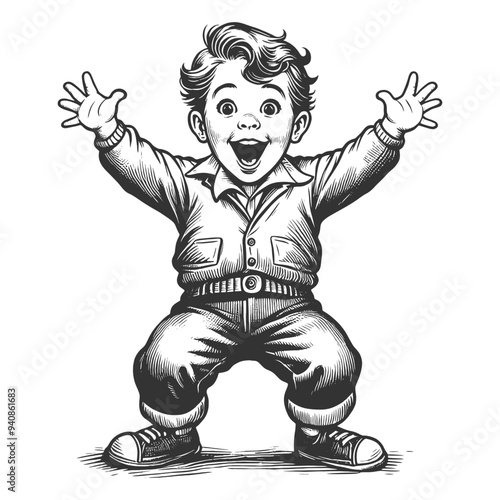 surprised joyful excited boy, wide eyes, and an open mouth, sketch engraving generative ai fictional character vector illustration. Scratch board imitation. Black and white image.