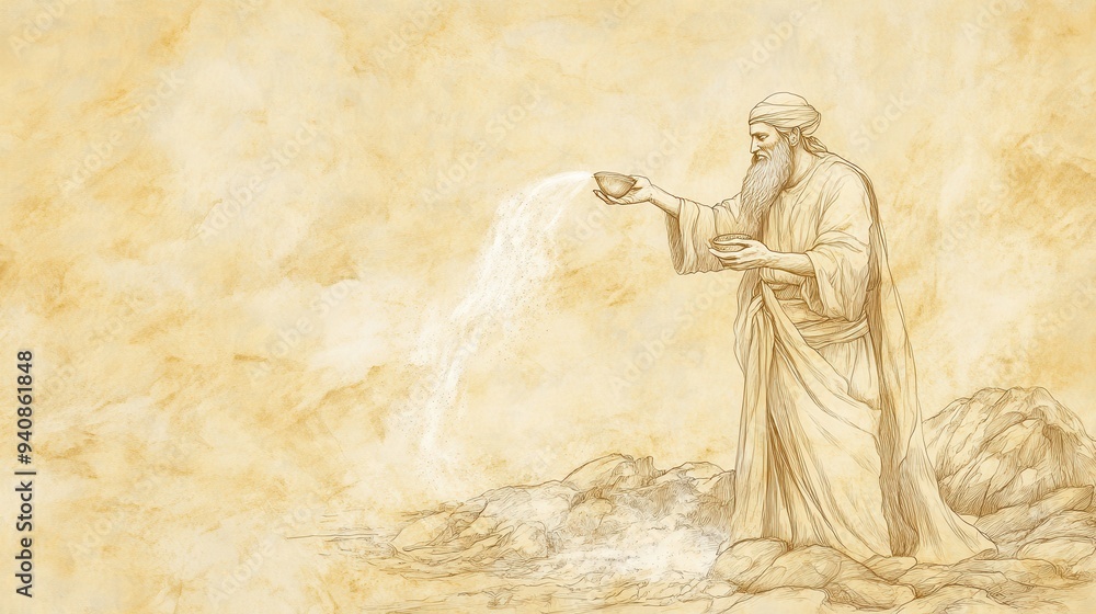 Fototapeta premium Elijah Taken Up to Heaven: Bible Wall Art Depicting Elisha Purifying the Water at Jericho with Salt as His First Miracle, Biblical Illustration on Beige Background