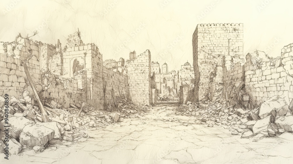 Fototapeta premium Jerusalem’s Fall and Exile: Biblical Depiction of Desolate Streets and Rubble Symbolizing the City’s Destruction, Beige Background