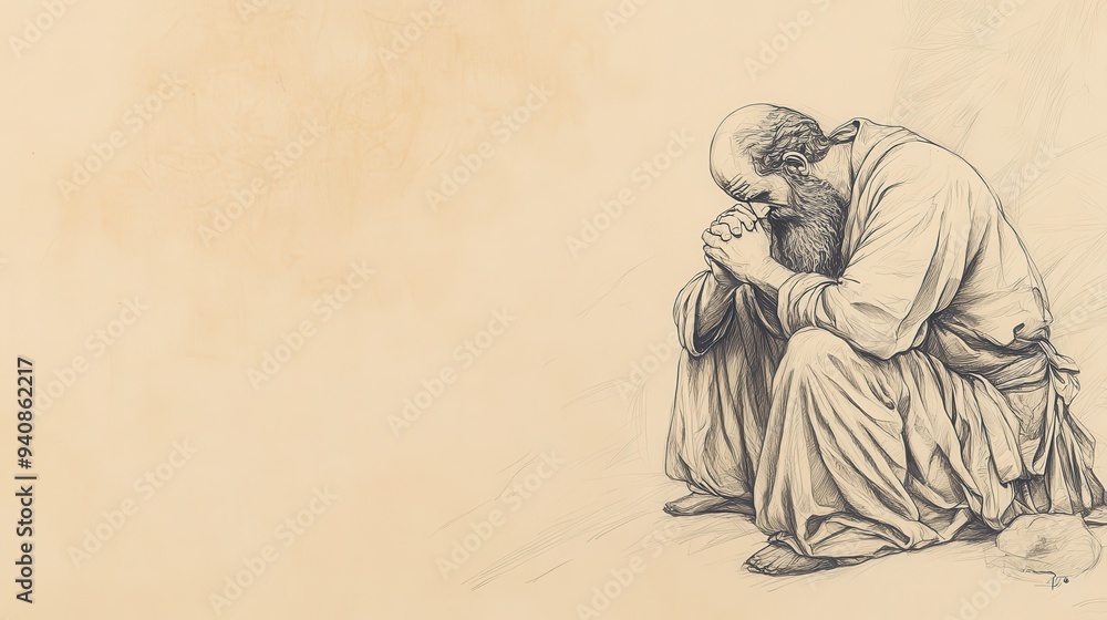 Fototapeta premium The Reign of Manasseh and Amon: Manasseh’s Heartfelt Repentance and Prayer for Forgiveness in Captivity, 2 Kings Biblical Art, Beige Background