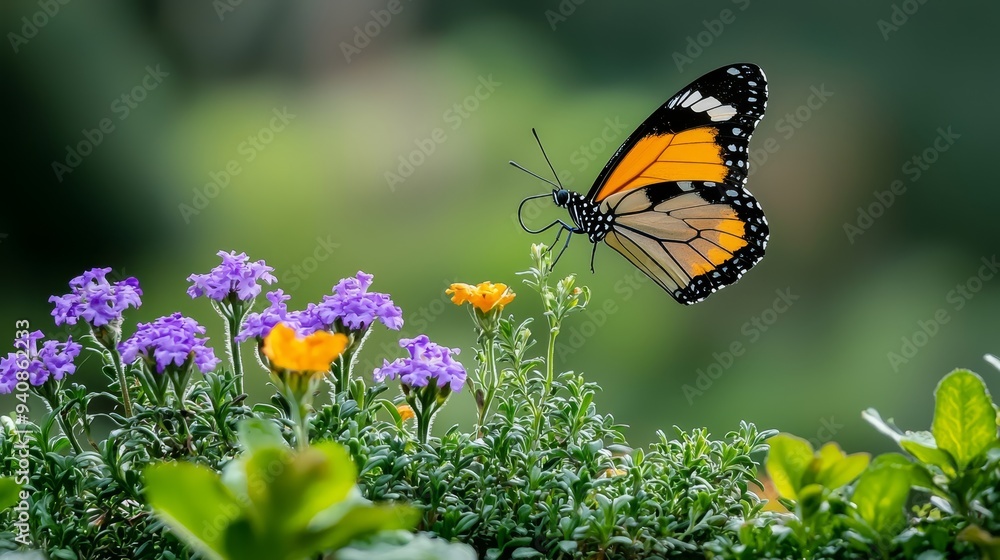 A tight shot of a butterfly perched on a flower-adorned plant; colors include purple and yellow blooms, with a soft, indistinct backdrop A tight shot of a butterfly perched on a flower-adorned plant; colors include purple and yellow blooms, with a soft, indistinct backdrop
