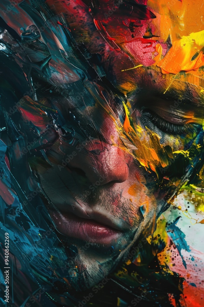 A close-up shot of someone's face covered in colorful paint, great for creative or artistic concepts A close-up shot of someone's face covered in colorful paint, great for creative or artistic concepts