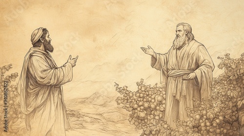 Naboth’s Vineyard: Bible Wall Art Depicting Elijah Confronting Ahab with God’s Judgment, Biblical Illustration on Beige Background photo