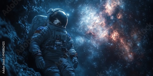 Astronaut Exploring Vast Galaxy: Futuristic Spaceship Interior with Massive Illumination Device. Cosmic Adventure in Unknown Universe. Astronomy, Cosmology, and Metaverse Concept for Web Design, Marke