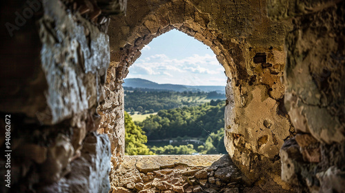 A close-up of a castle's watchtower window, framed by crumbling stone, with the distant landscape visible