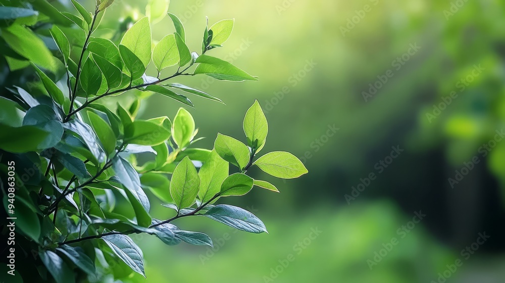 A leafy tree branch, with a close-up perspective, against a softly blurred backdrop of grass and trees A leafy tree branch, with a close-up perspective, against a softly blurred backdrop of grass and trees