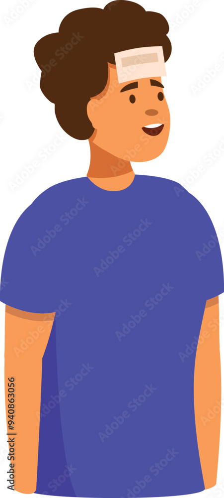 Young man is having fun playing a guessing game with a sticky note on his forehead Young man is having fun playing a guessing game with a sticky note on his forehead