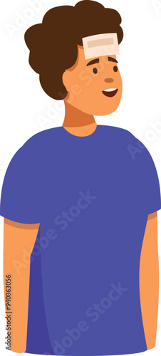 Young man is having fun playing a guessing game with a sticky note on his forehead