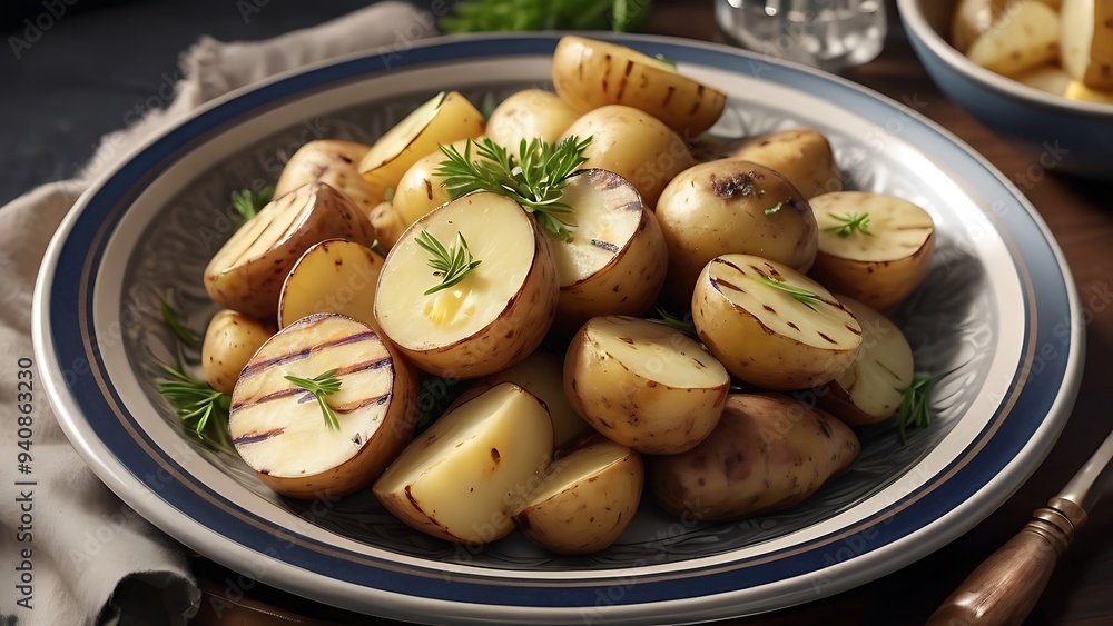 Delicious barbecue grilled potatoes with some garnish Delicious barbecue grilled potatoes with some garnish
