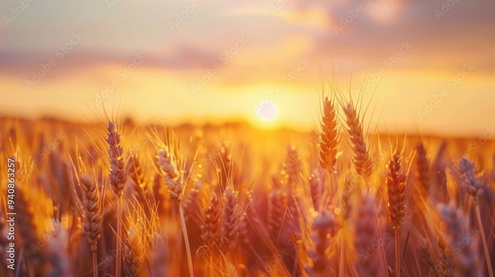 A golden sunset backdrop with a lush green field of wheat, ideal for rural or agricultural themed projects A golden sunset backdrop with a lush green field of wheat, ideal for rural or agricultural themed projects