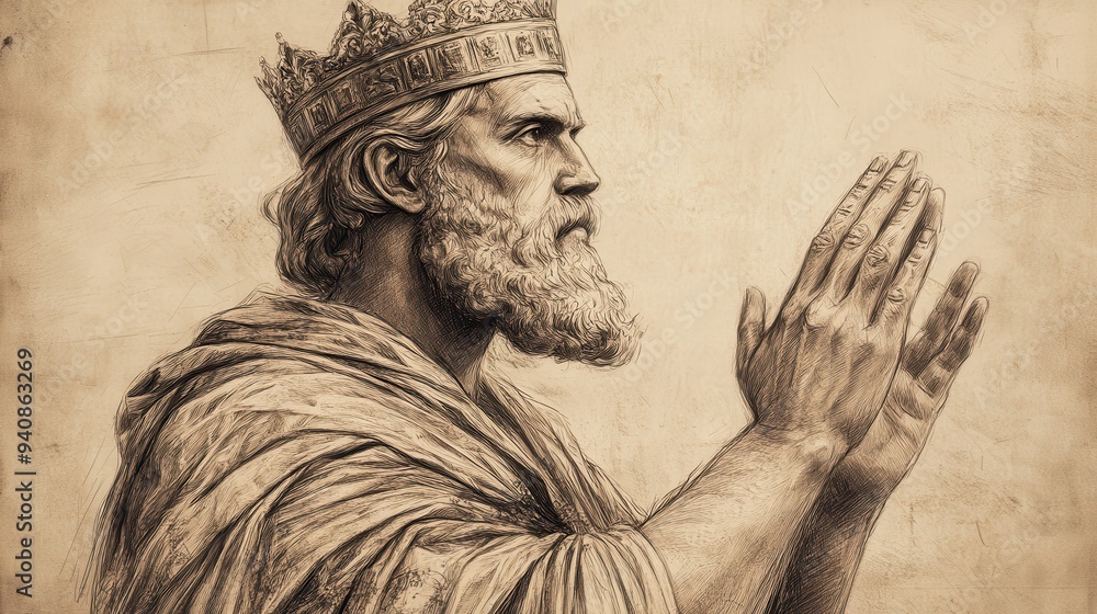 Fototapeta premium Solomon’s Prayer for Wisdom and Guidance at the Beginning of His Reign, 1 Kings Biblical Art, Beige Background