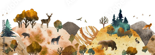 High mountain ranges with animals, birds and trees seamless vector border. Autumn watercolor seamless pattern for textile, page fill, banner, web design, wallpaper. Collage with watercolor texture