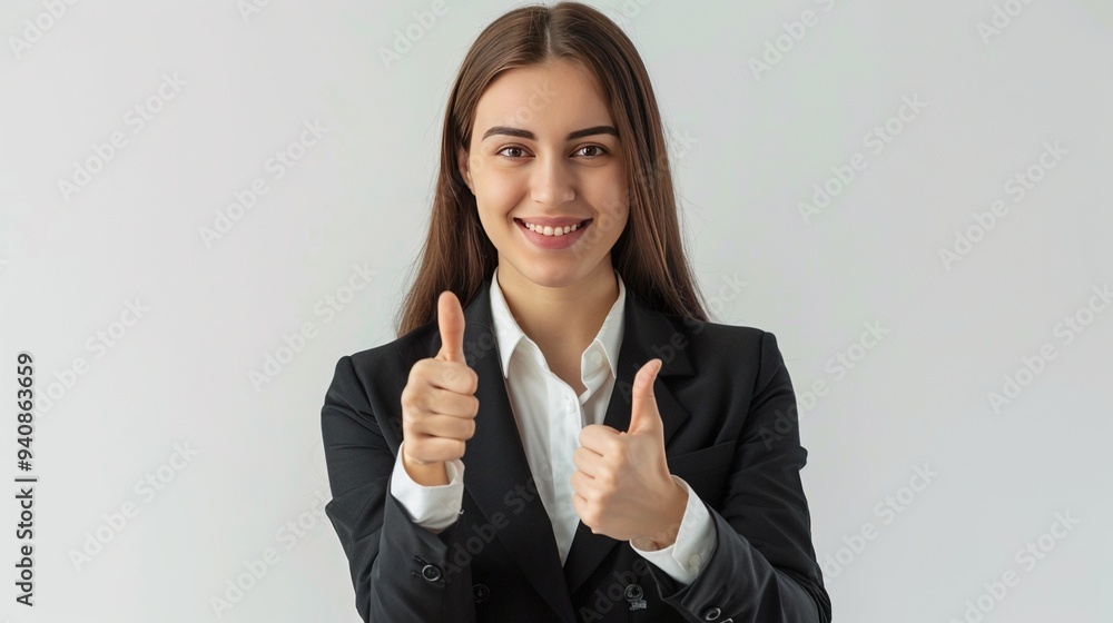 Portrait of young business woman smiling and standing and showing thumbs up, isolated on white background Portrait of young business woman smiling and standing and showing thumbs up, isolated on white background