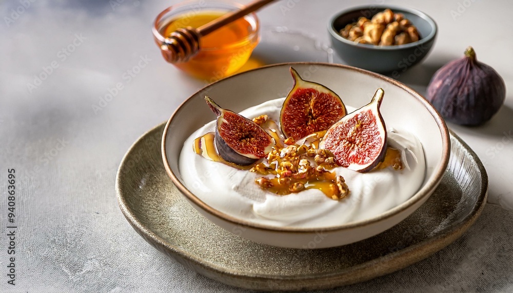 Caramelized figs with yoghurt space for text Caramelized figs with yoghurt space for text