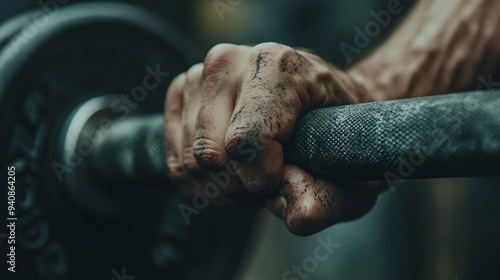 A close-up of a weightlifter's hands gripping a barbell, emphasizing calloused palms and determination