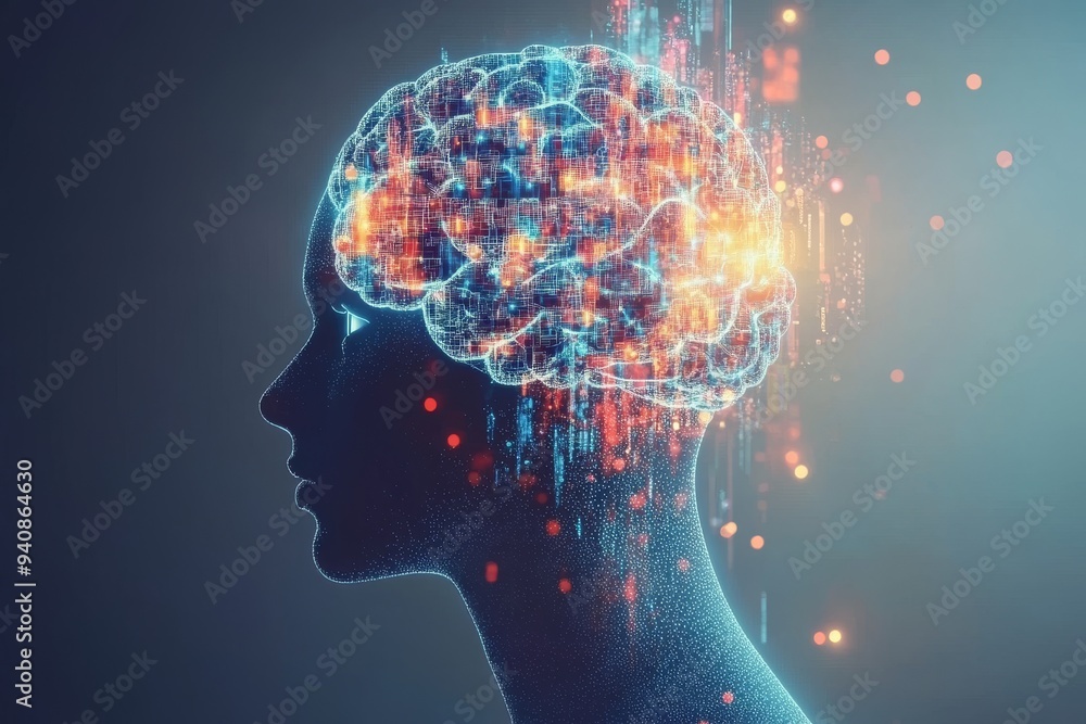 Digital Portrait of a Woman with a Glowing Brain in a High Tech Setting: Representing Cognitive Thought Neural Connectivity and the Intersection of Technology and the Human Mind Digital Portrait of a Woman with a Glowing Brain in a High Tech Setting: Representing Cognitive Thought Neural Connectivity and the Intersection of Technology and the Human Mind