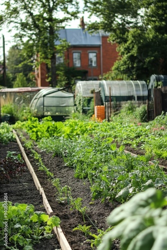 Lush Urban Vegetable Garden with Brick House and Greenhouse in the Background