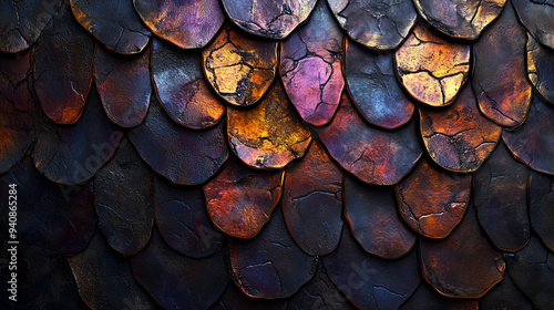 Wallpaper Mural Iridescent Metallic Scale Texture with Dark Purple and Gold Tones, Abstract Background Torontodigital.ca