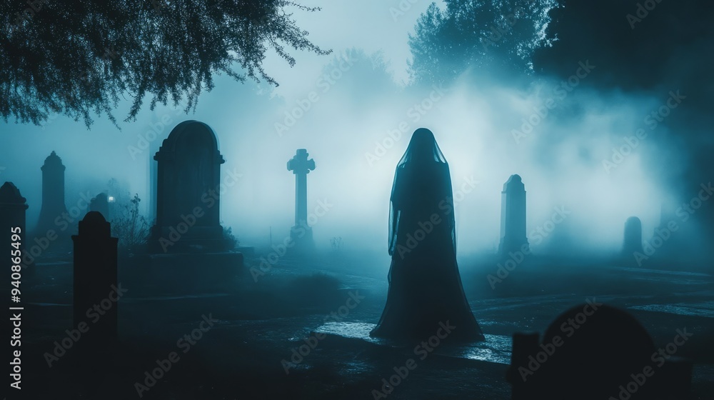 Mysterious woman in black cloak standing in misty graveyard at night Mysterious woman in black cloak standing in misty graveyard at night