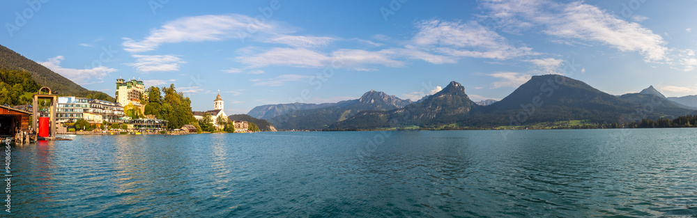Naklejka premium landscape with Lake Wolfgangsee, mountains and the town of Sankt Wolfgang, Austria