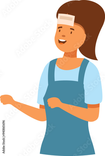 Young woman wearing a blue apron is having fun playing a party game