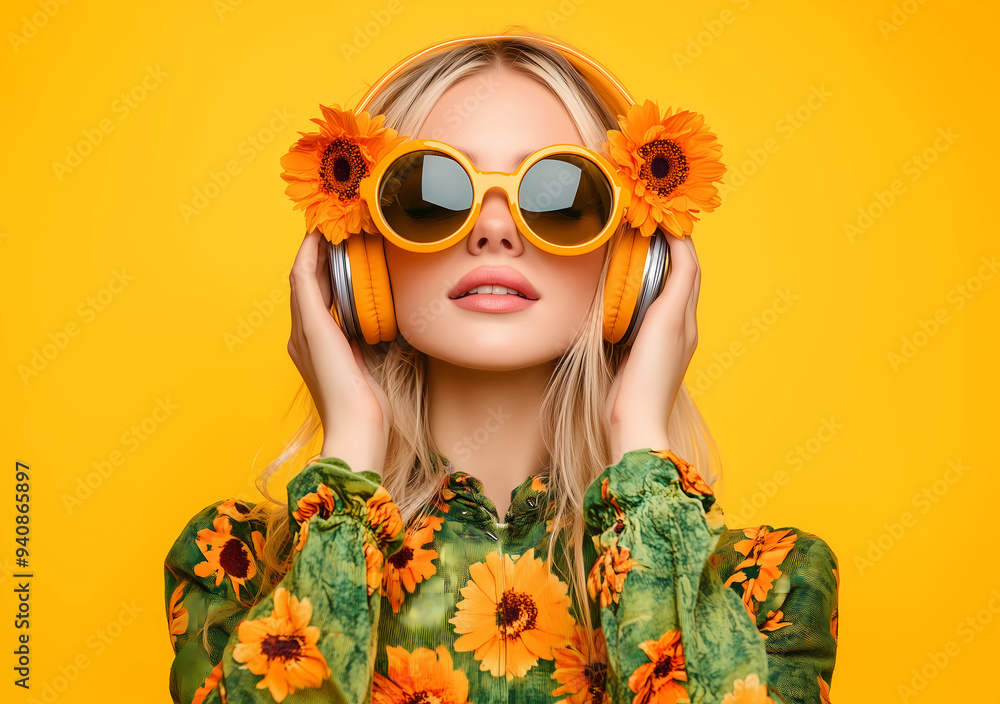 blonde woman wearing sunglasses, headphone and flowers in her head. Pretty model looking at camera. People sincere emotions, lifestyle concept. Copy space blonde woman wearing sunglasses, headphone and flowers in her head. Pretty model looking at camera. People sincere emotions, lifestyle concept. Copy space
