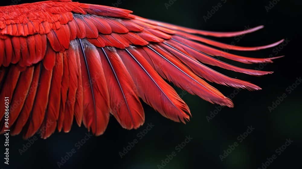 Obraz premium Close-up of a red bird's spread wings against a black backdrop