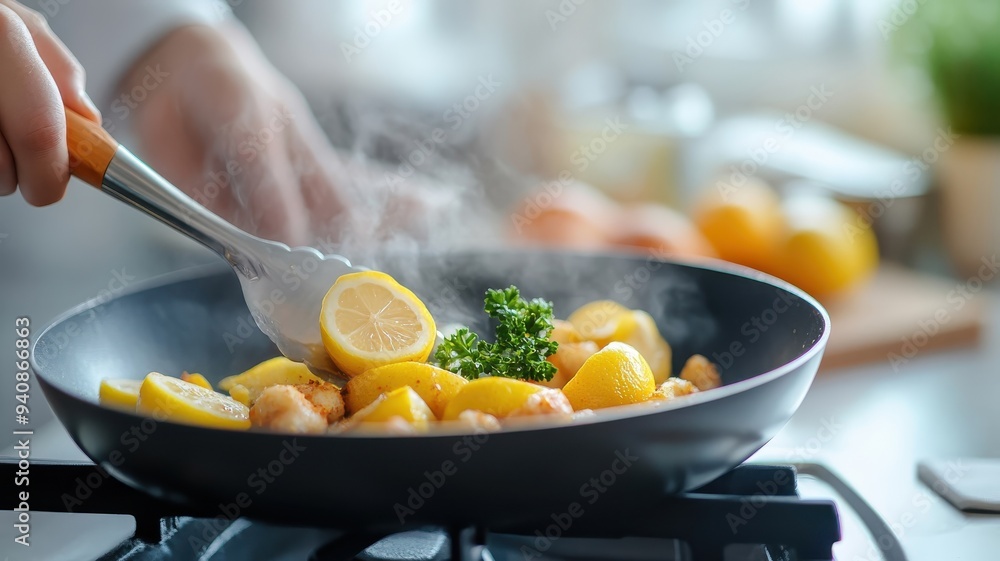 Lemon cooked in a skillet with spices, showcasing a flavorful dish. Lemon cooked in a skillet with spices, showcasing a flavorful dish.
