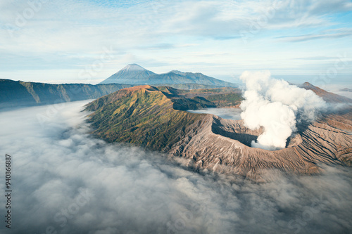 Aerial panoramic view of sunrise at Bromo volcano in Indonesia in summer photo