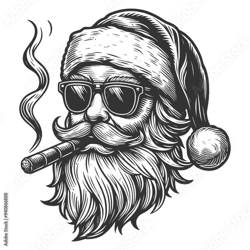 Santa Claus wearing sunglasses and smoking a cigar, christmas holiday character sketch engraving generative ai fictional character vector illustration. Scratch board imitation. Black and white image.