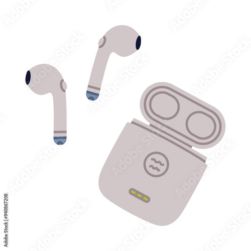 Wireless Earbuds and Headphones in Case Vector Illustration