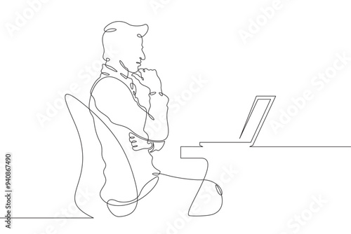 Continuous one line drawing a man works on a laptop. A programmer sits at a table and a computer. Work on the Internet online. One continuous line isolated minimal illustration.