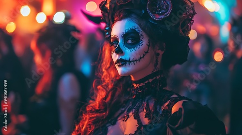 Gothic Elegance: Adults in Elaborate Halloween Costumes at Evening Event