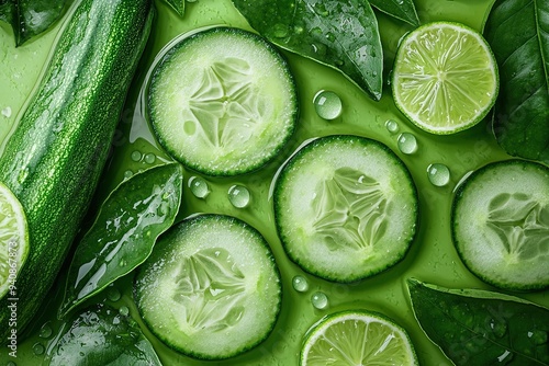 Sliced cucumber, lime, grean leaves and water drops. Detox and cleansing healthy products. Generative Ai photo