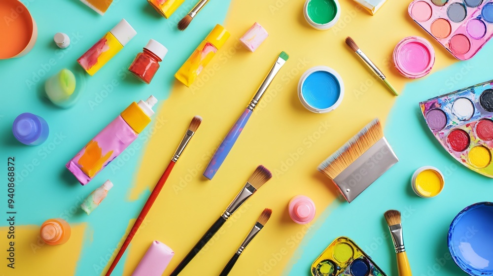 A vibrant still life arrangement featuring various art supplies such as paintbrushes, palettes, and tubes of paint against a light solid color background A vibrant still life arrangement featuring various art supplies such as paintbrushes, palettes, and tubes of paint against a light solid color background