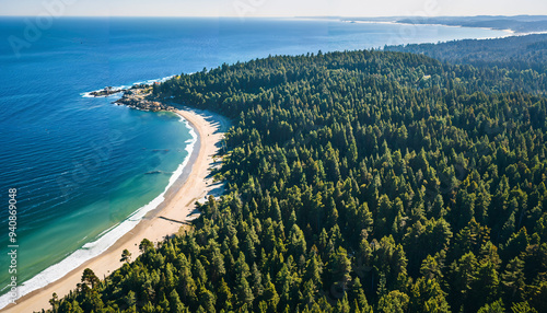 Vue aérienne d'une plage entourée de forêt photo