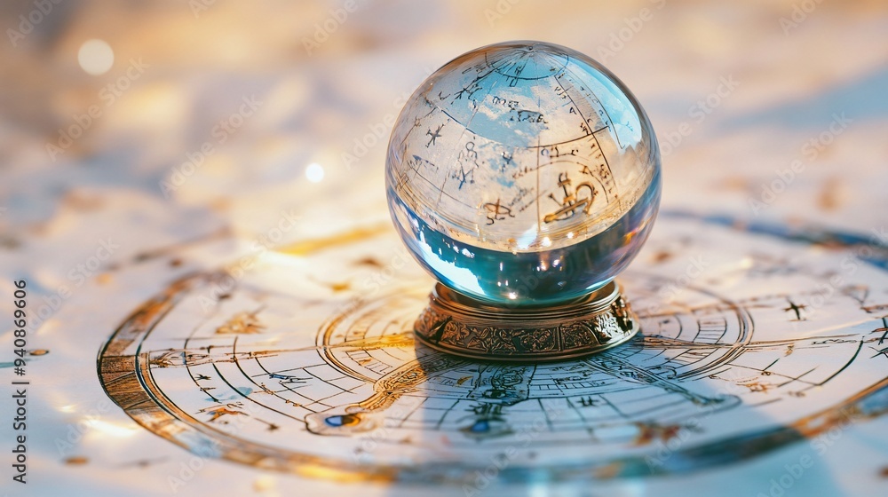 A close-up of a crystal ball resting on an astrological chart with zodiac signs, against a light solid color background A close-up of a crystal ball resting on an astrological chart with zodiac signs, against a light solid color background