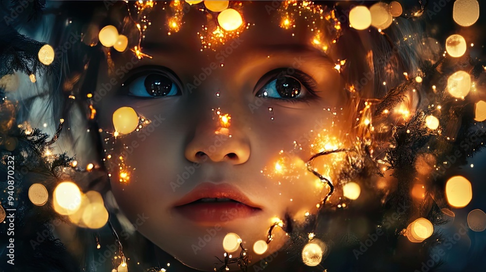 A captivating portrait of a child surrounded by glowing lights, showcasing innocence and the magic of childhood. A captivating portrait of a child surrounded by glowing lights, showcasing innocence and the magic of childhood.